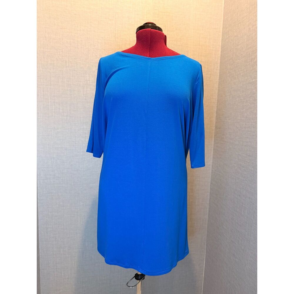 Eileen Fisher Petite Royal Blue Knit Shift Dress PL Bateau Neck Elbow Sleeve